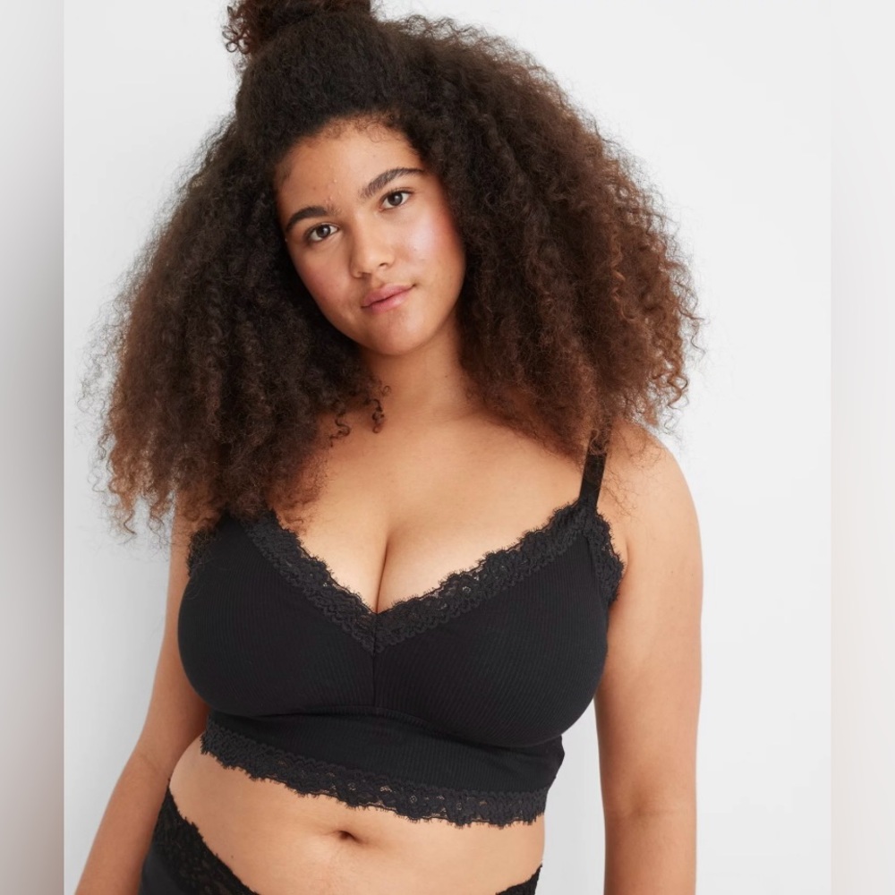 Aerie Cotton Ribbed Eyelash Lace Trim Longline Bralette Black Size Large NWT